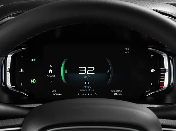 E-Regen (Regeneração de energia) Tela mostrando a função E-Regen, com dados do motor elétrico de Fiat Fastback, como consumo médio, velocidade, odômetro, entre outros.