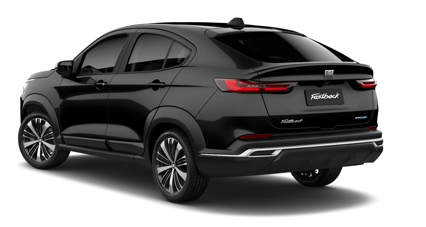 Vista traseira de Fiat Fastback Audace Hybrid na cor preta.